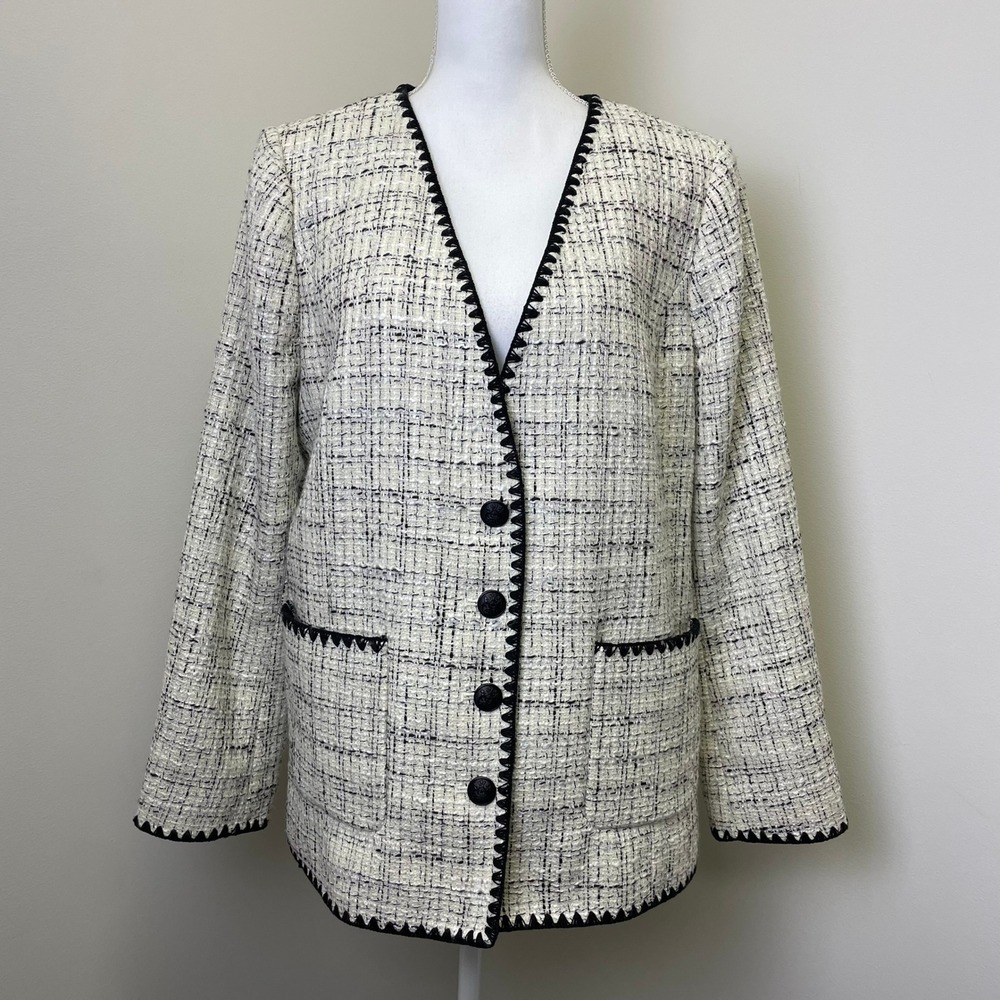 NEW Talbots Cream Black Tweed Whipstitch Trim Blazer Jacket Size 16 V-Neck